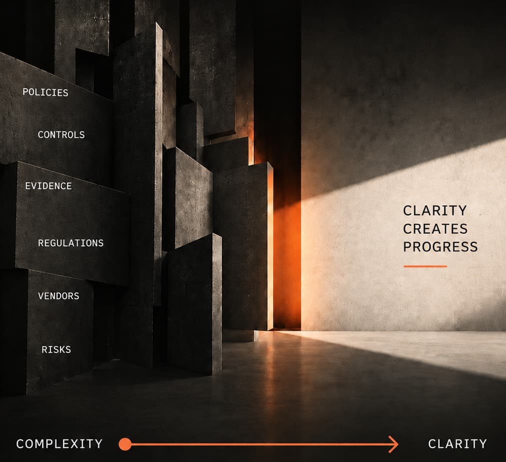 A dimly lit architectural interior, moving from a dense stack of concrete forms into a single clear, sunlit wall